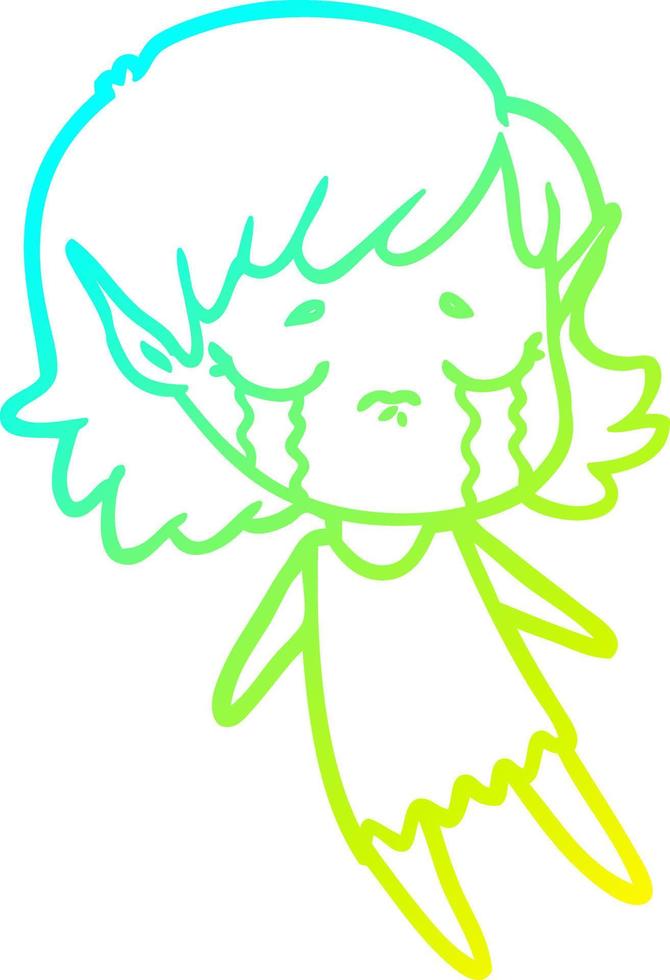 cold gradient line drawing cartoon crying elf girl vector