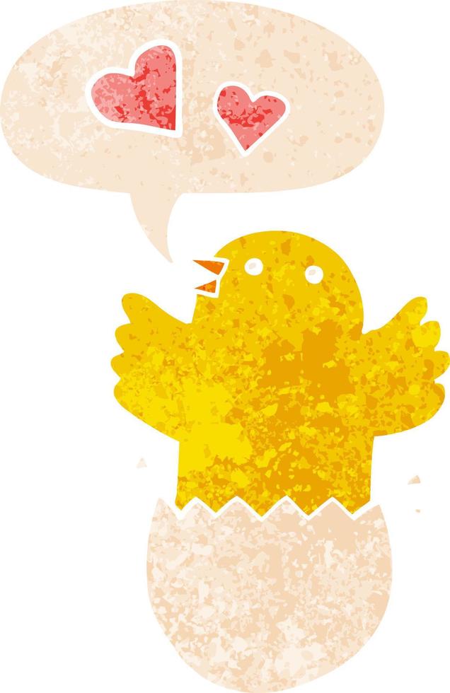 cute hatching chick cartoon and speech bubble in retro textured style vector