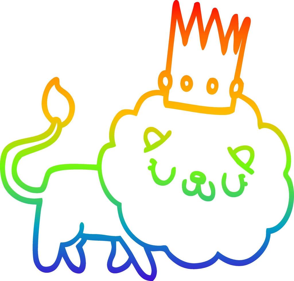 rainbow gradient line drawing cartoon lion with crown vector