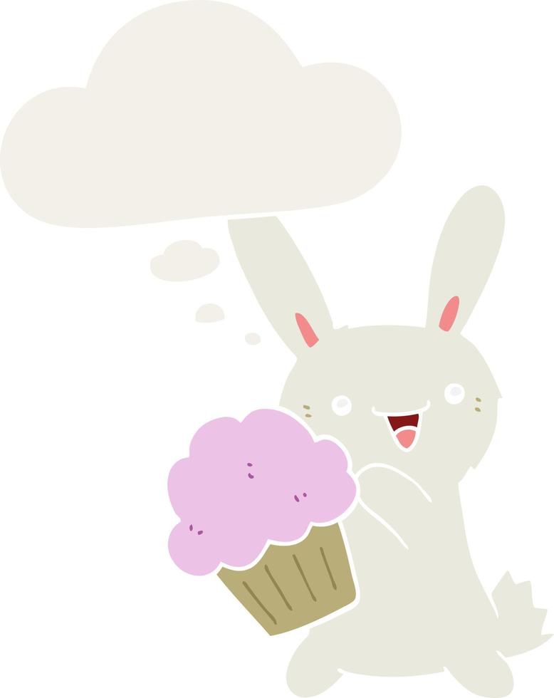 cute cartoon rabbit with muffin and thought bubble in retro style vector