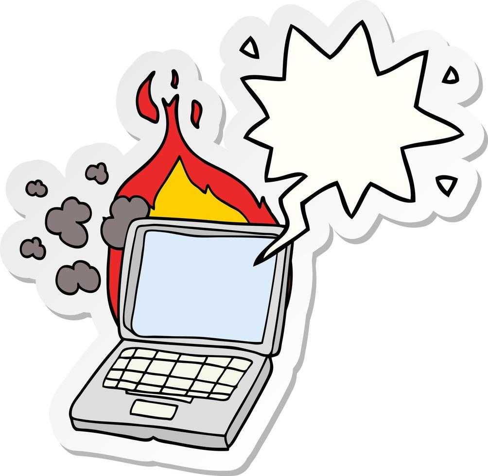 cartoon broken laptop computer and speech bubble sticker vector