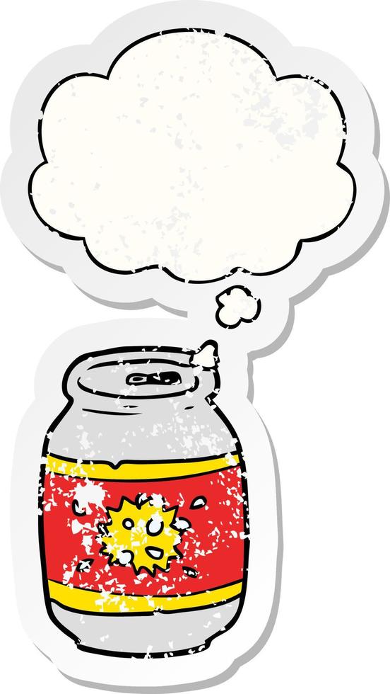 cartoon soda can and thought bubble as a distressed worn sticker vector