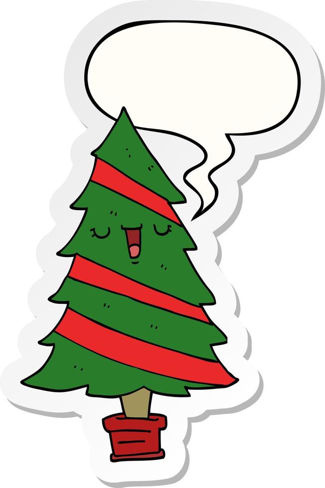 cartoon christmas tree and speech bubble sticker vector