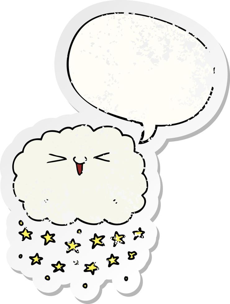 happy cartoon cloud and speech bubble distressed sticker vector