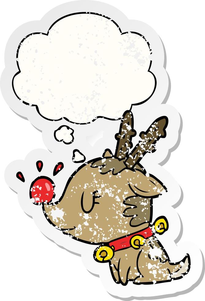 cartoon christmas reindeer and thought bubble as a distressed worn sticker vector