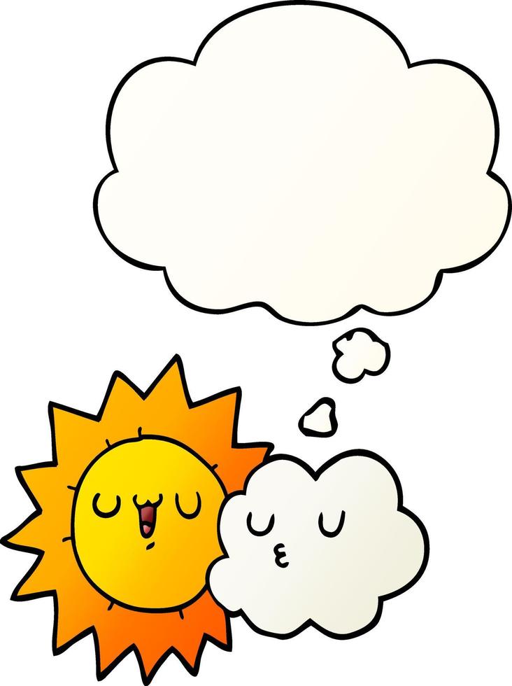 cartoon sun and cloud and thought bubble in smooth gradient style vector