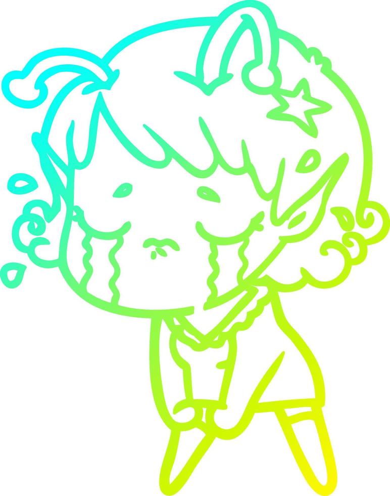 cold gradient line drawing cartoon crying alien girl vector