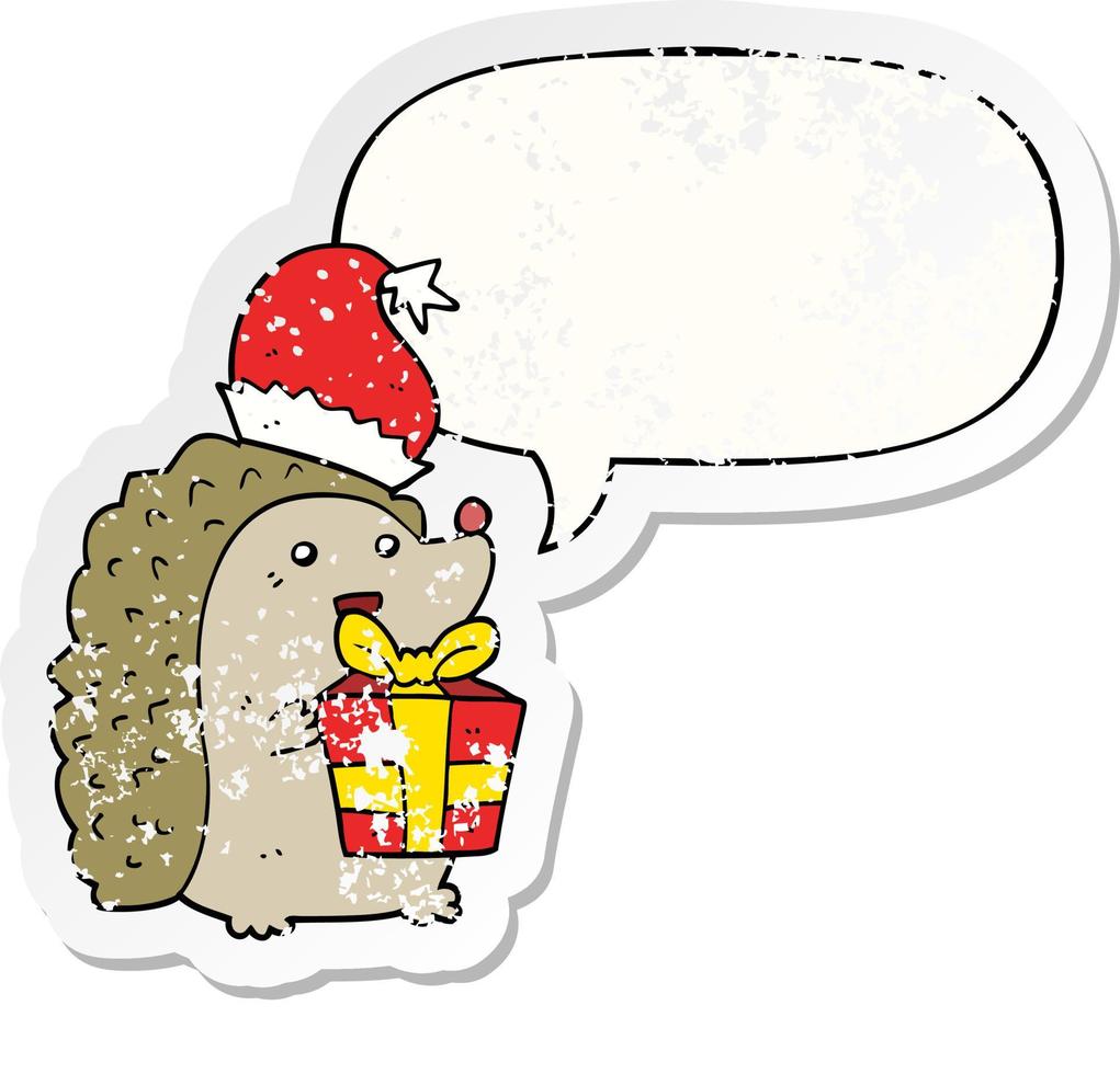 cartoon hedgehog wearing christmas hat and speech bubble distressed sticker vector