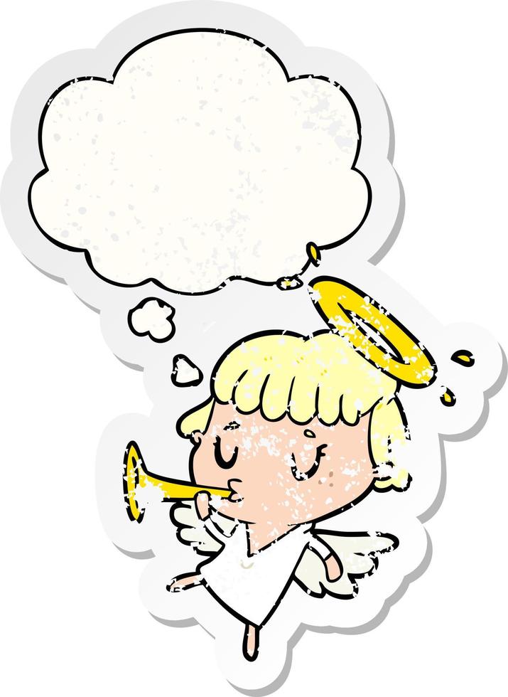 cartoon angel and thought bubble as a distressed worn sticker vector