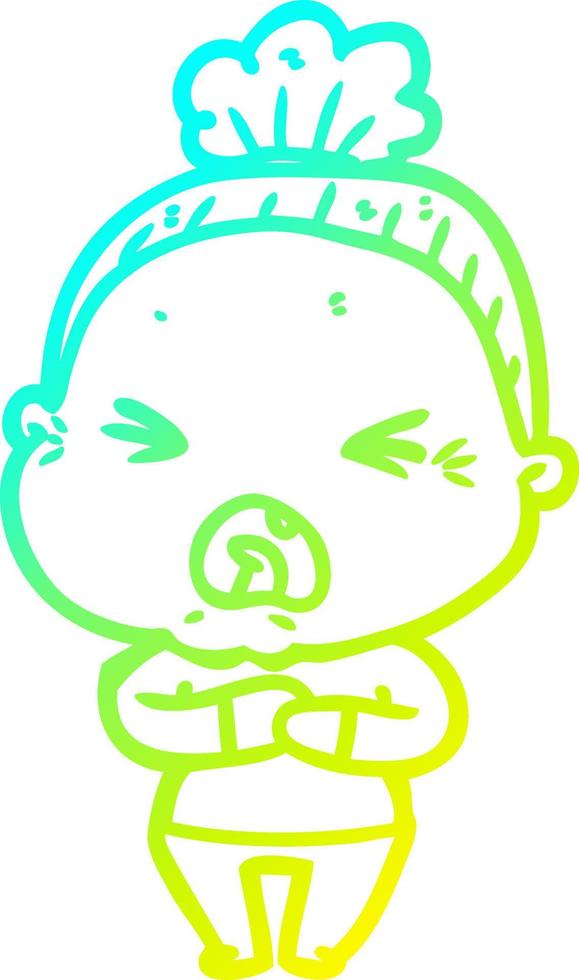 cold gradient line drawing cartoon angry old woman vector