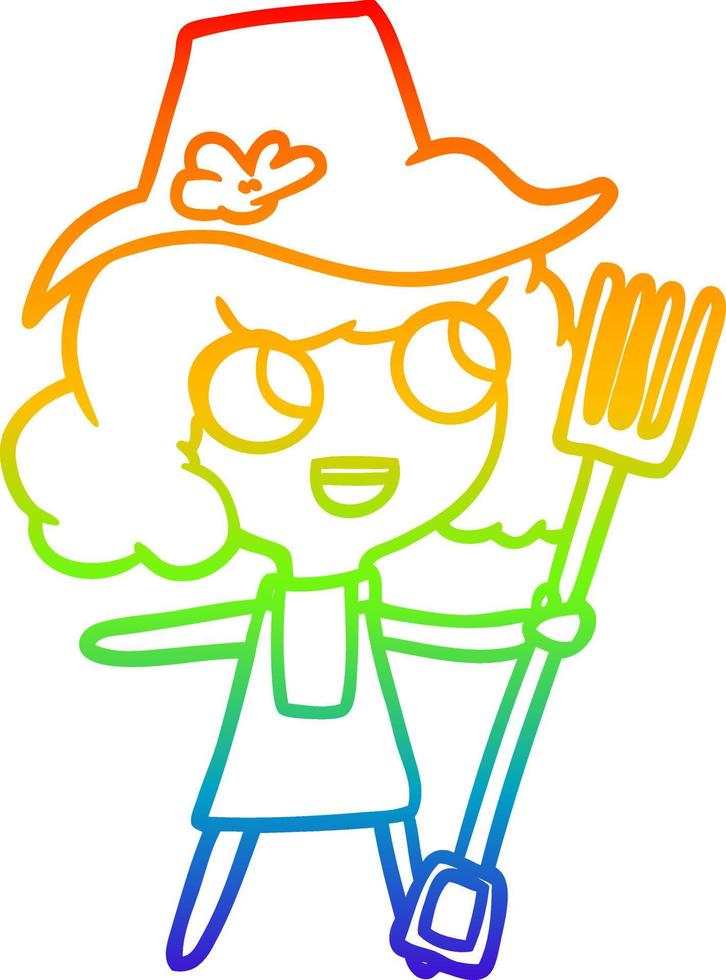 rainbow gradient line drawing cartoon farmer girl with fork vector