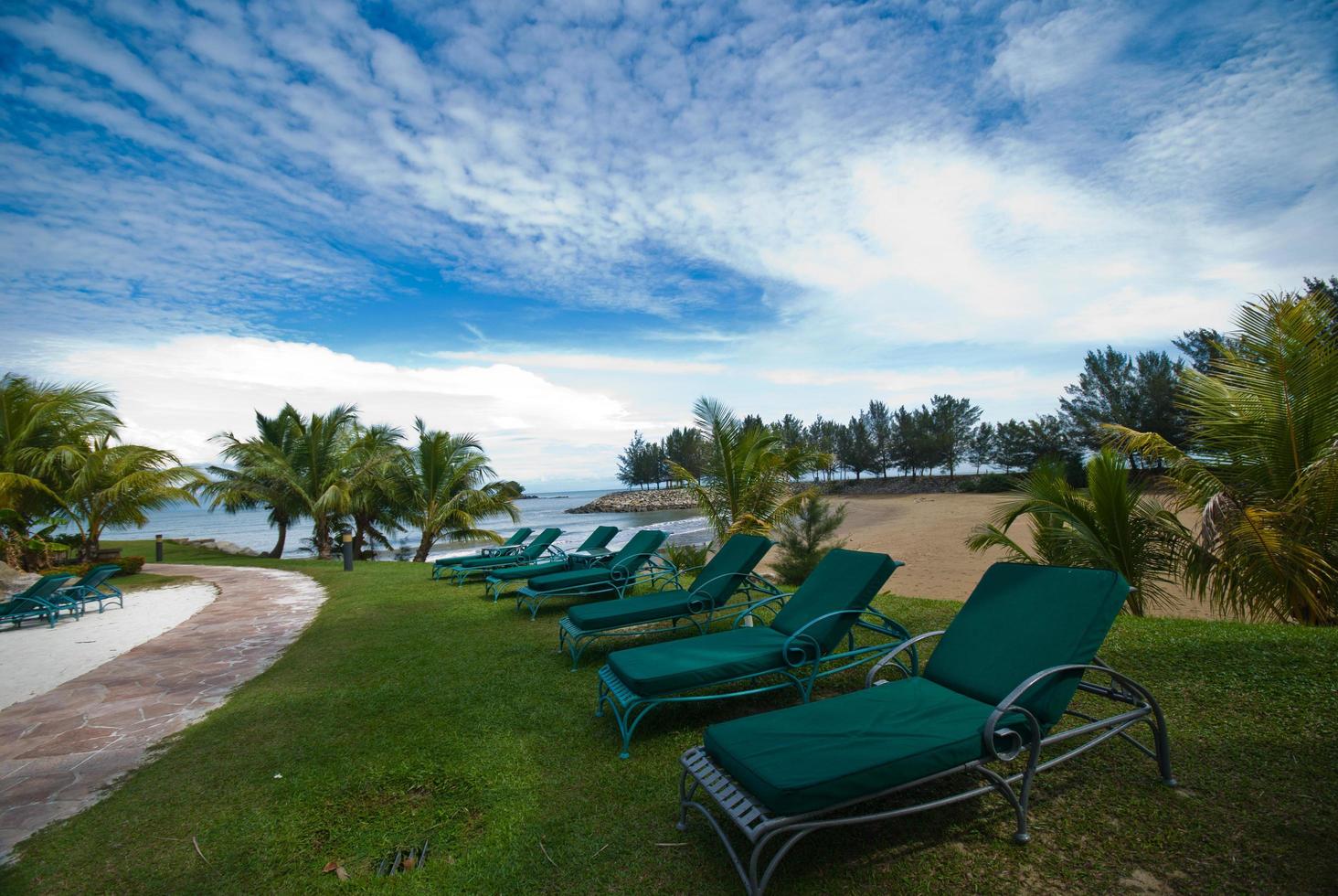 Green bed beside the pool photo