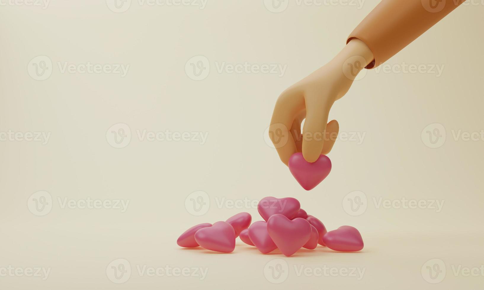 Hand holding heart with pile of heart icons on cream color background photo