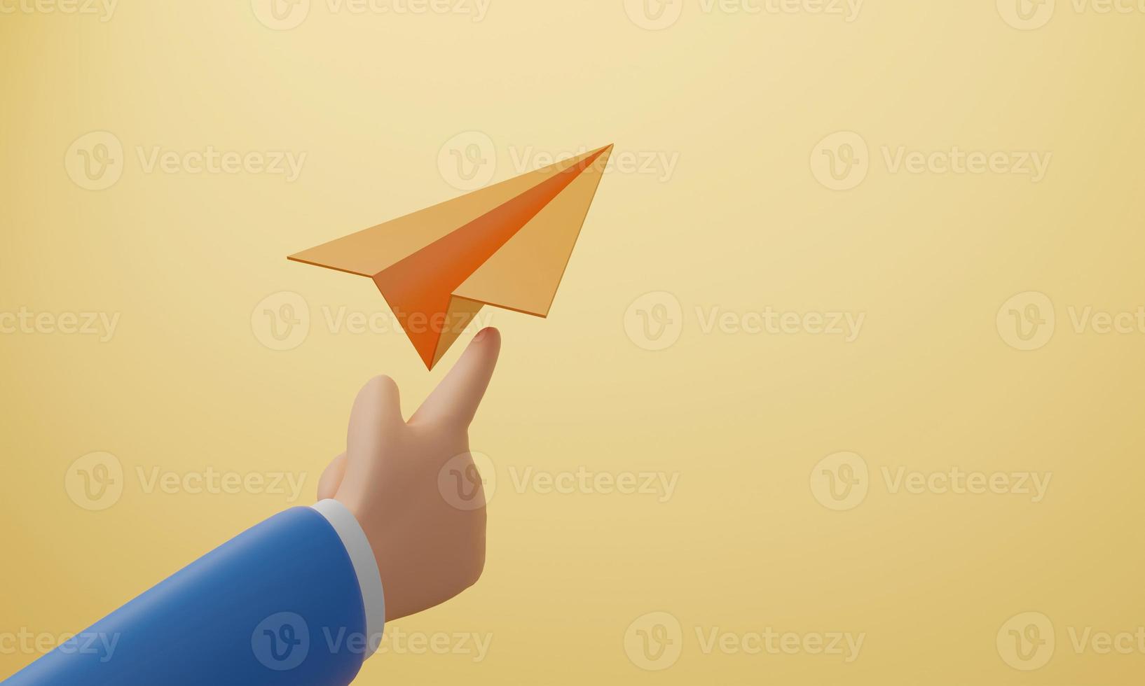 3d hand drop orange paper plane on yellow background photo