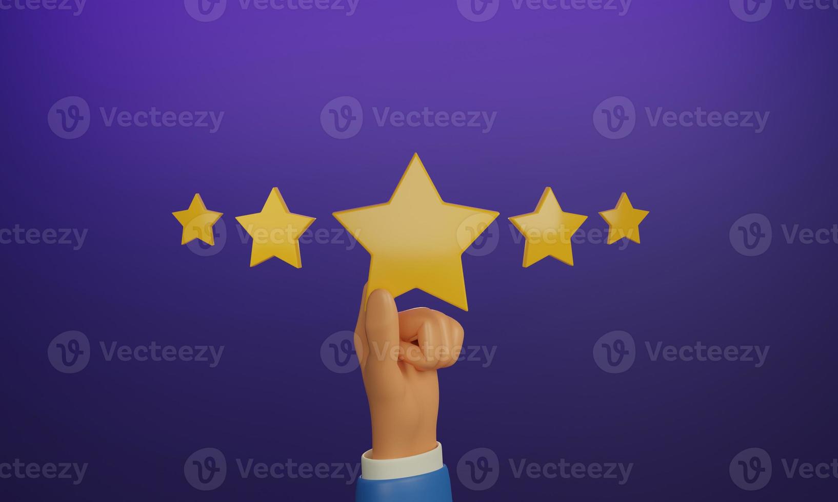 Businessman's hand holding a yellow star placed in the middle of 5 stars on purple background photo