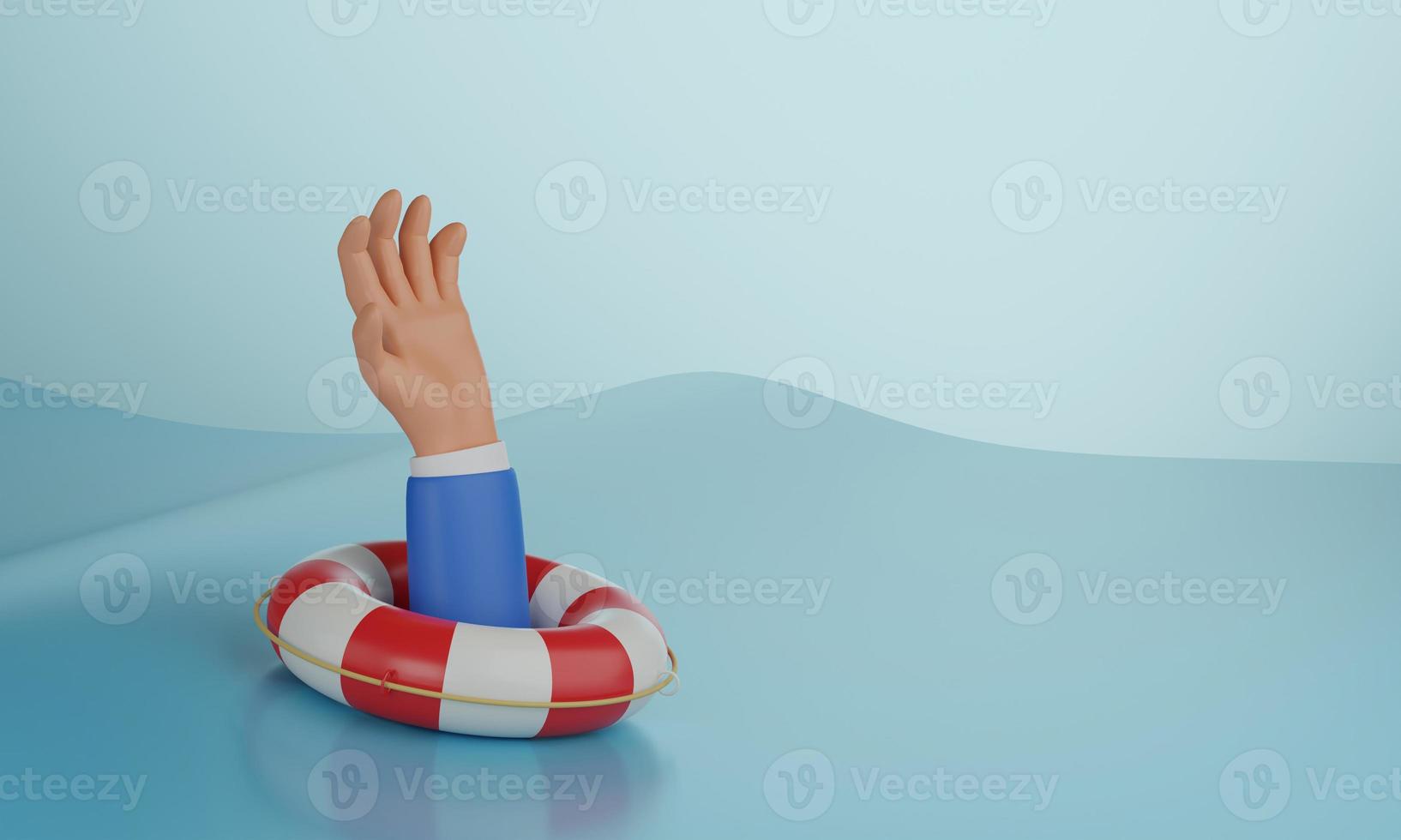 Drowning businessman receives a lifebuoy in his arm against the sea waves. photo