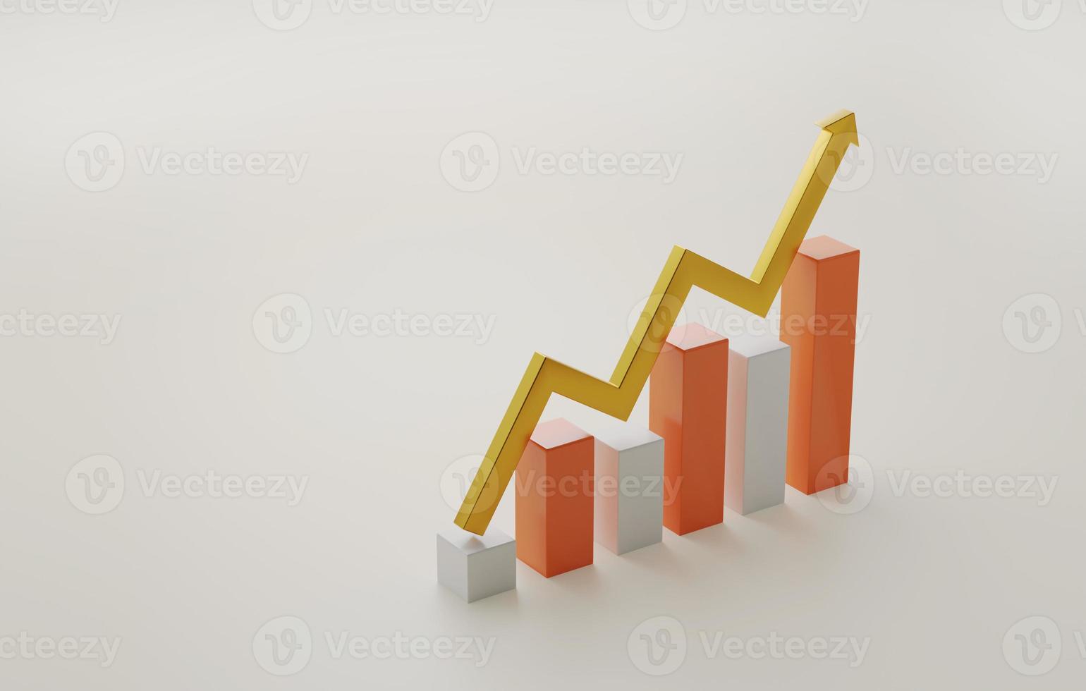 Golden arrow rising with growing bar graph chart white background. photo