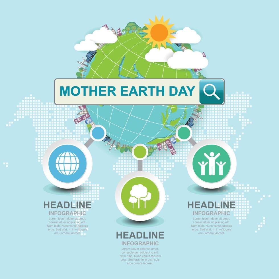 concepto infográfico del día de la madre tierra con globo y verde. día Mundial del Medio Ambiente. vector