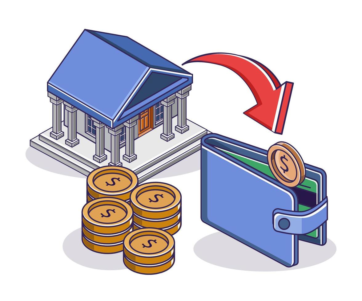 Bank building and money wallet vector