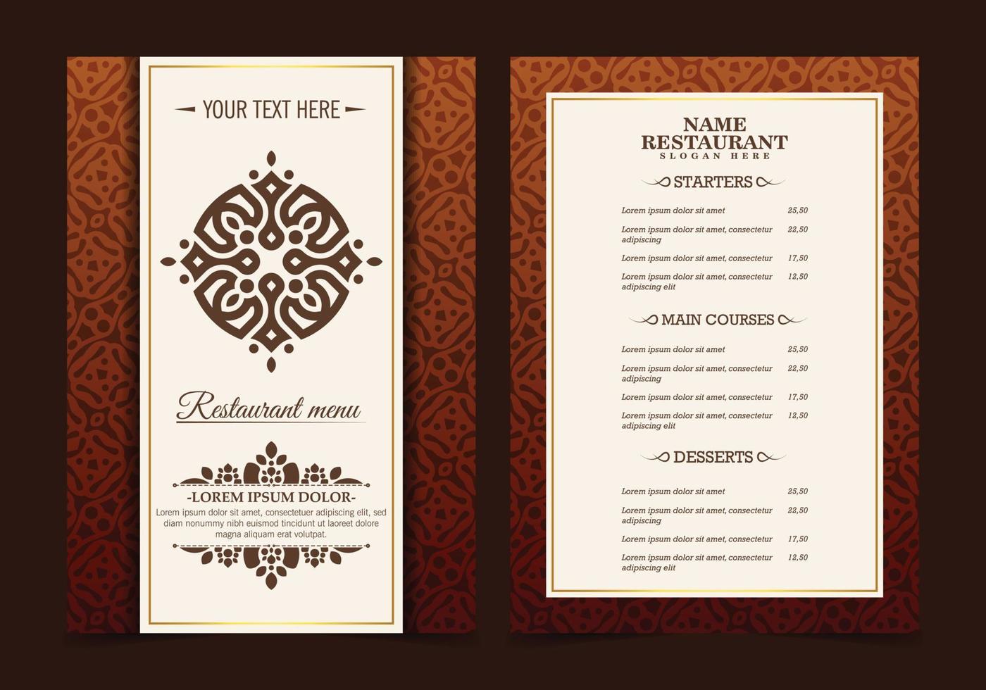 menú de restaurante con elegante estilo ornamental vector