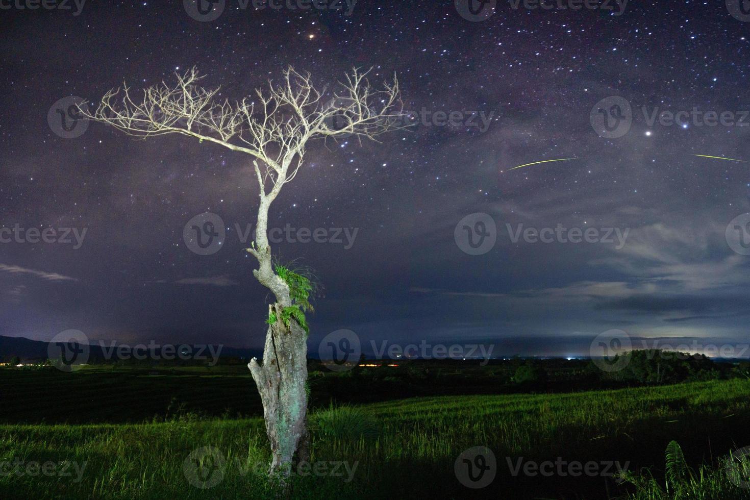 noche panorámica en la montaña con un cielo estrellado, hermosas constelaciones nocturnas en indonesia foto