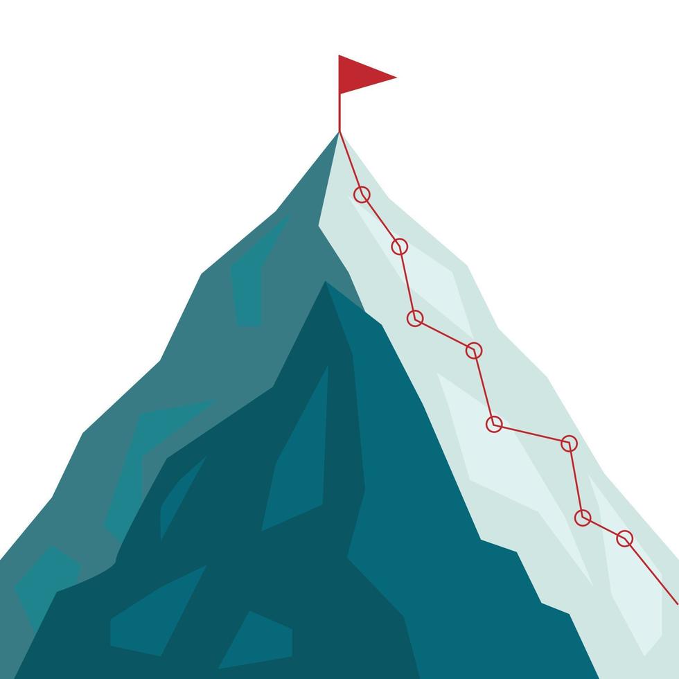 ruta de escalada de montaña al pico en estilo plano. ruta de viaje de negocios en progreso hacia la ilustración de vector de éxito. pico de la montaña, ruta de escalada a la ilustración de la roca superior