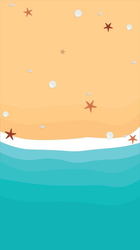 top view of sand with shells and starfish in flat icon design on beach background. vector illustration