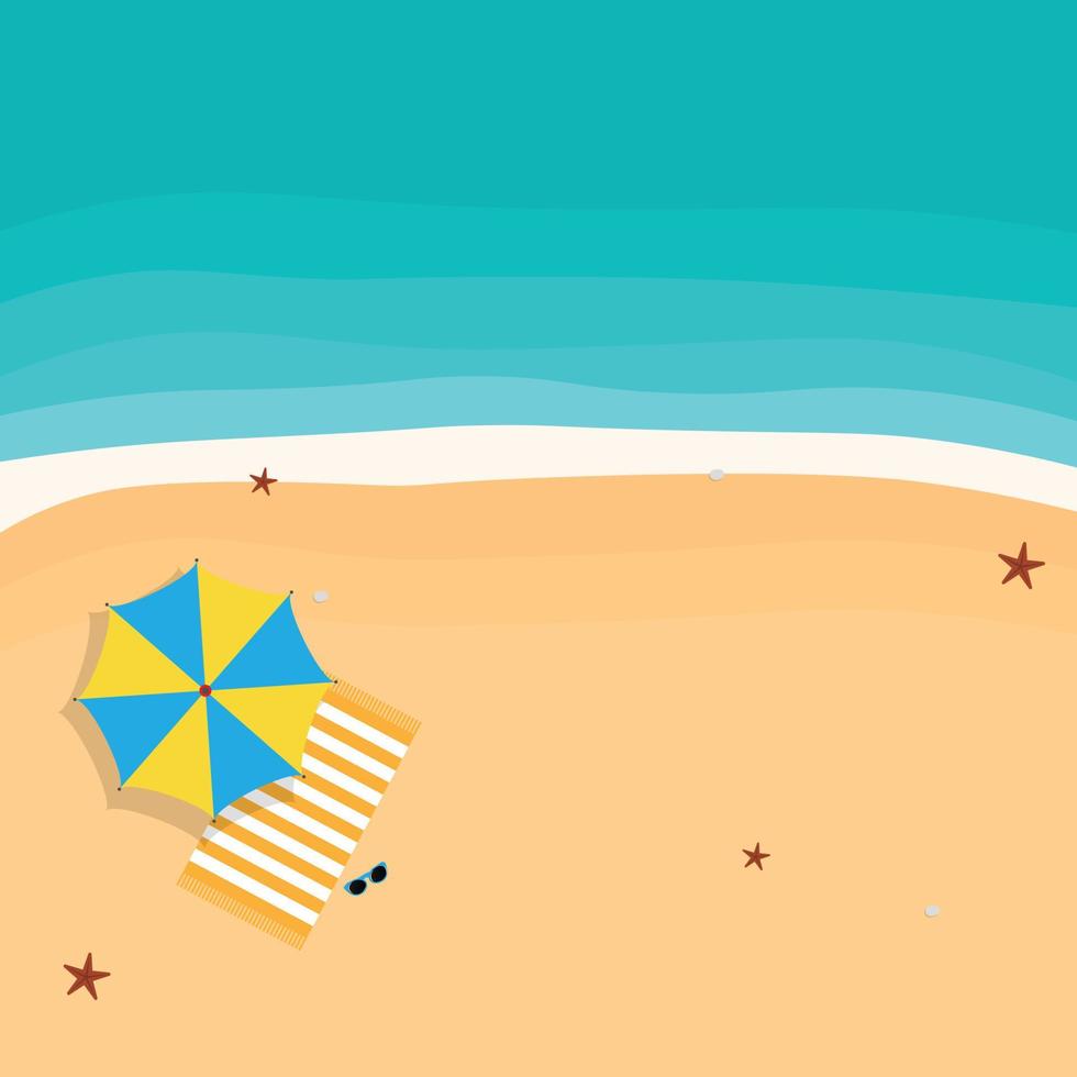 vista superior de la costa, sombrilla de playa de verano con arena, agua de mar y fondo de playa. ilustración vectorial vector