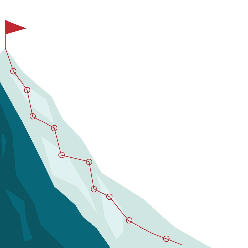 Mountain climbing route to peak in flat style. Business journey path in progress to success vector illustration. Mountain peak, climbing route to top rock illustration