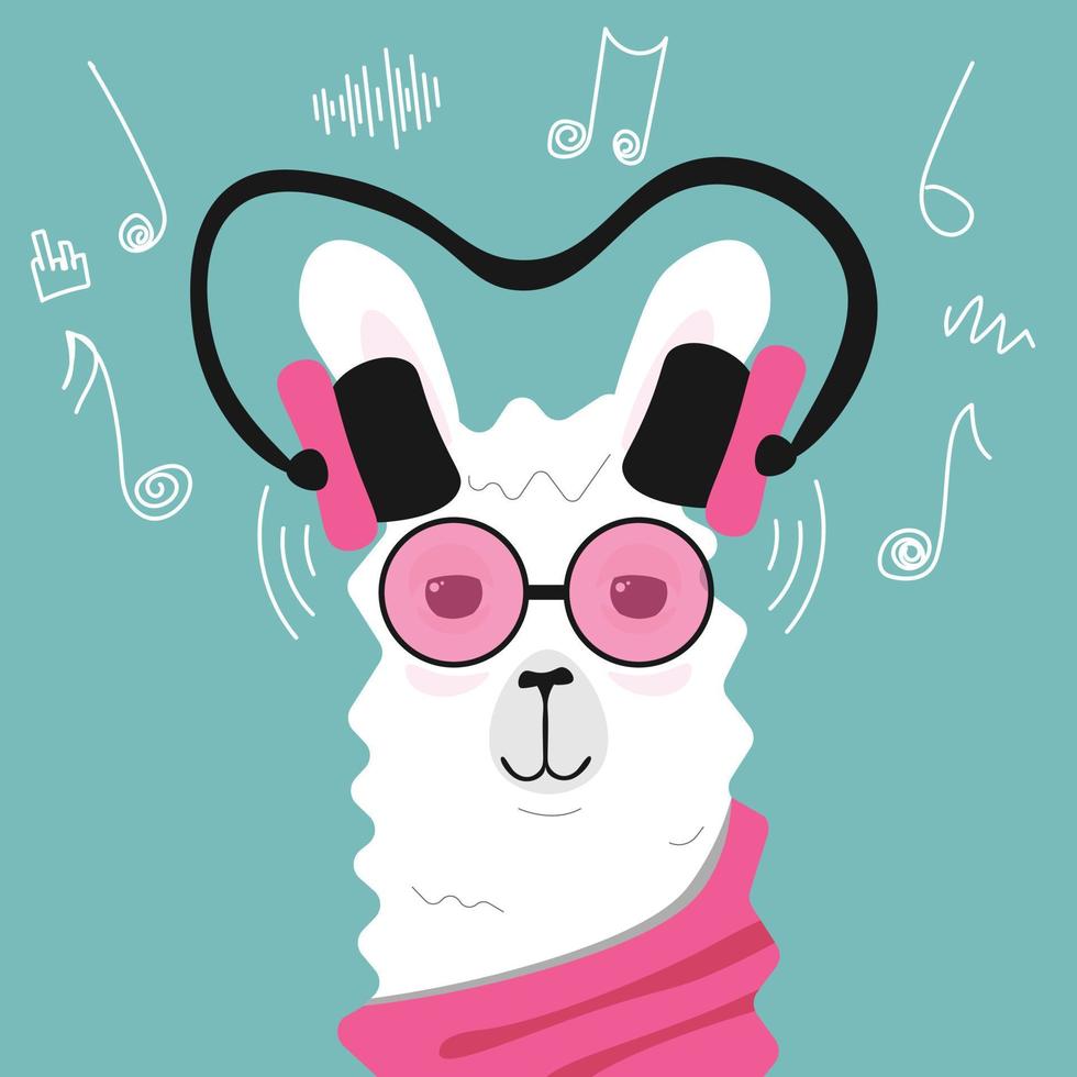 Lama or alpaca music lover with pink glasses and scraf. Music symbols on background. Vector illustration