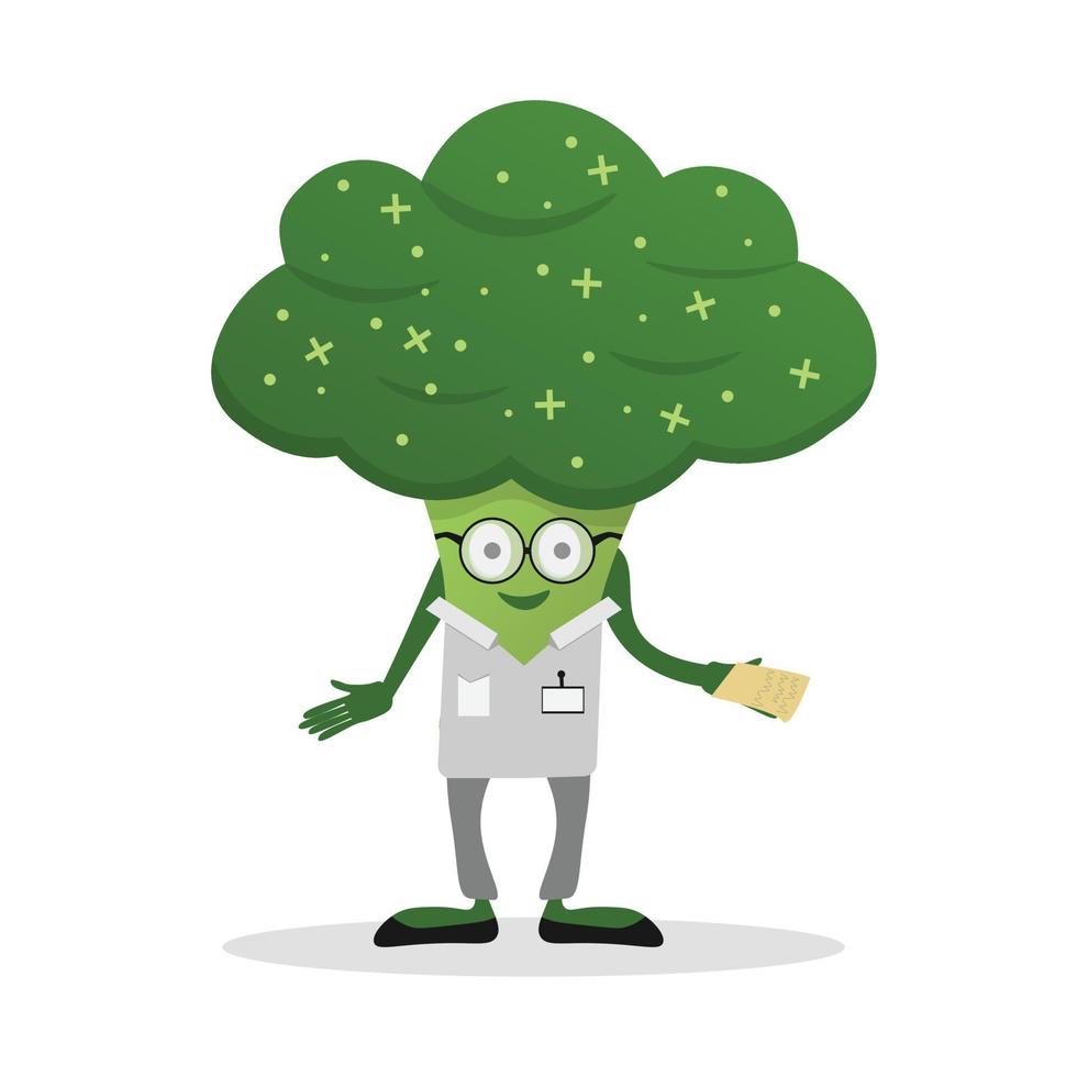 Lindo y divertido estilo de personaje de dibujos animados de brócoli verde como médico con herramientas y recetas. ilustración vectorial vector