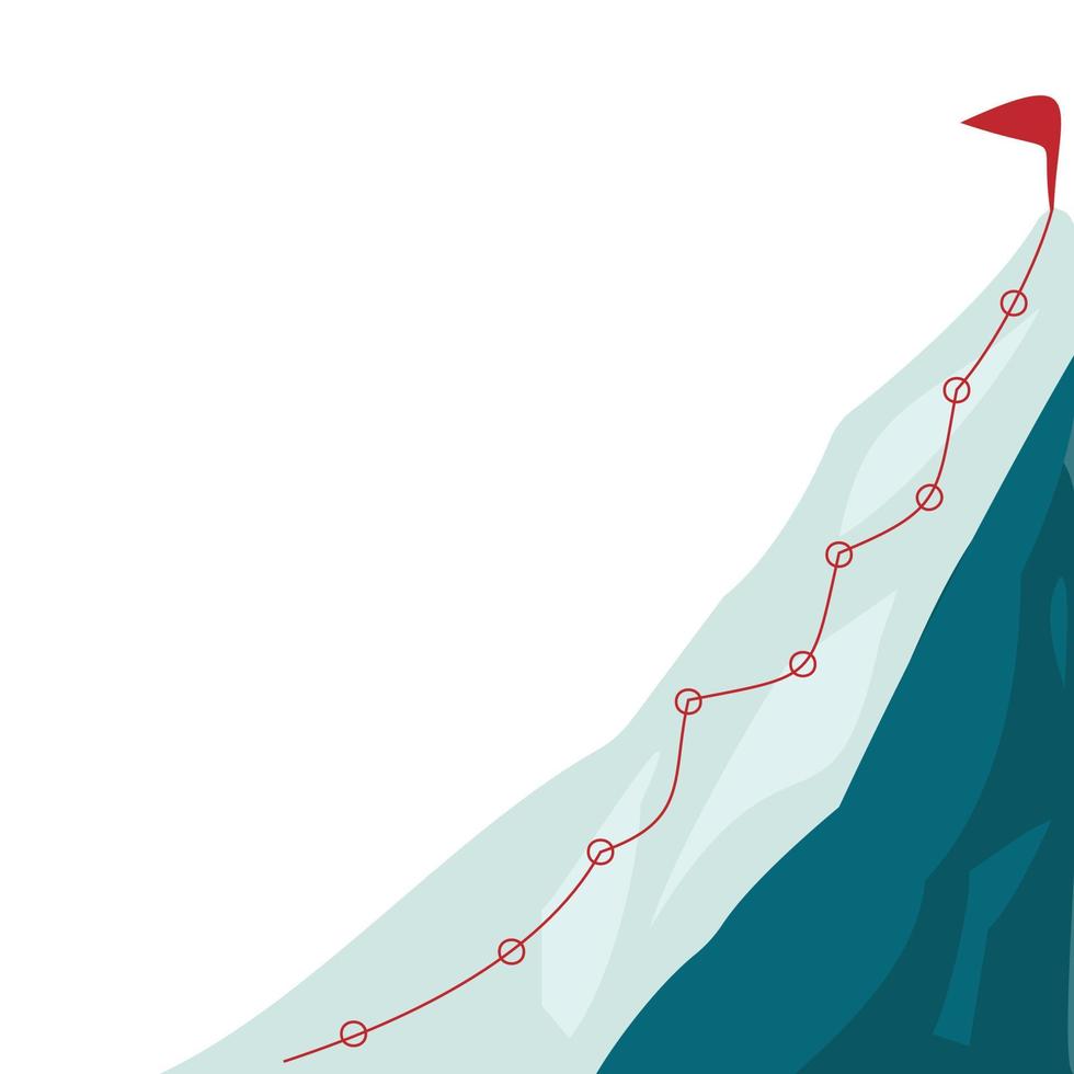 ruta de escalada de montaña al pico en estilo plano. ruta de viaje de negocios en progreso hacia la ilustración de vector de éxito. pico de la montaña, ruta de escalada a la ilustración de la roca superior