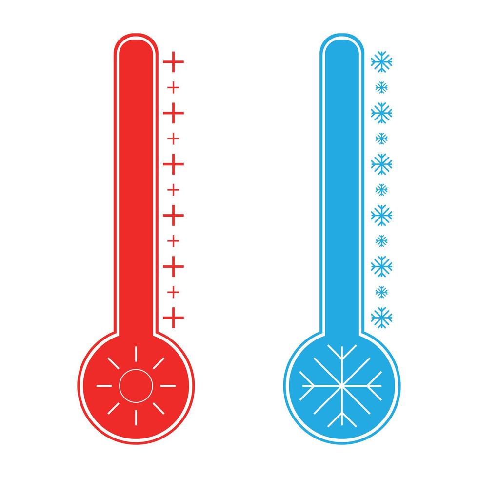 Thermometer cold and hot icon. Freeze temperature vector weather warm cool indicator. Meteorology thermometers measuring heat and cold. Vector illustration