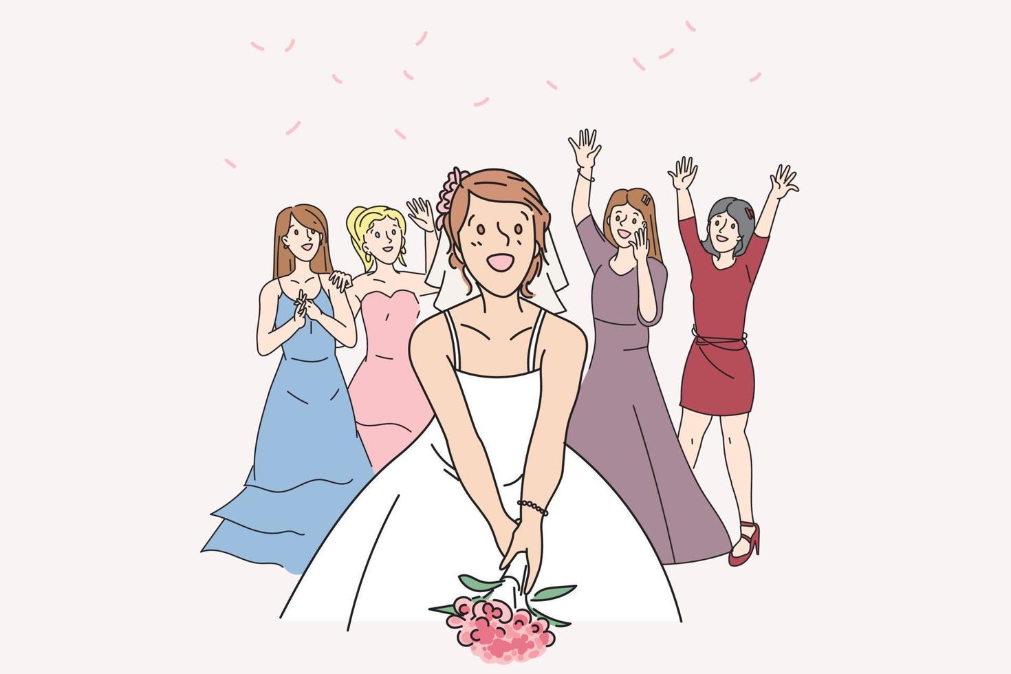 bride and bridesmaid flower toss party flat vector handdrawn illustration on pink theme