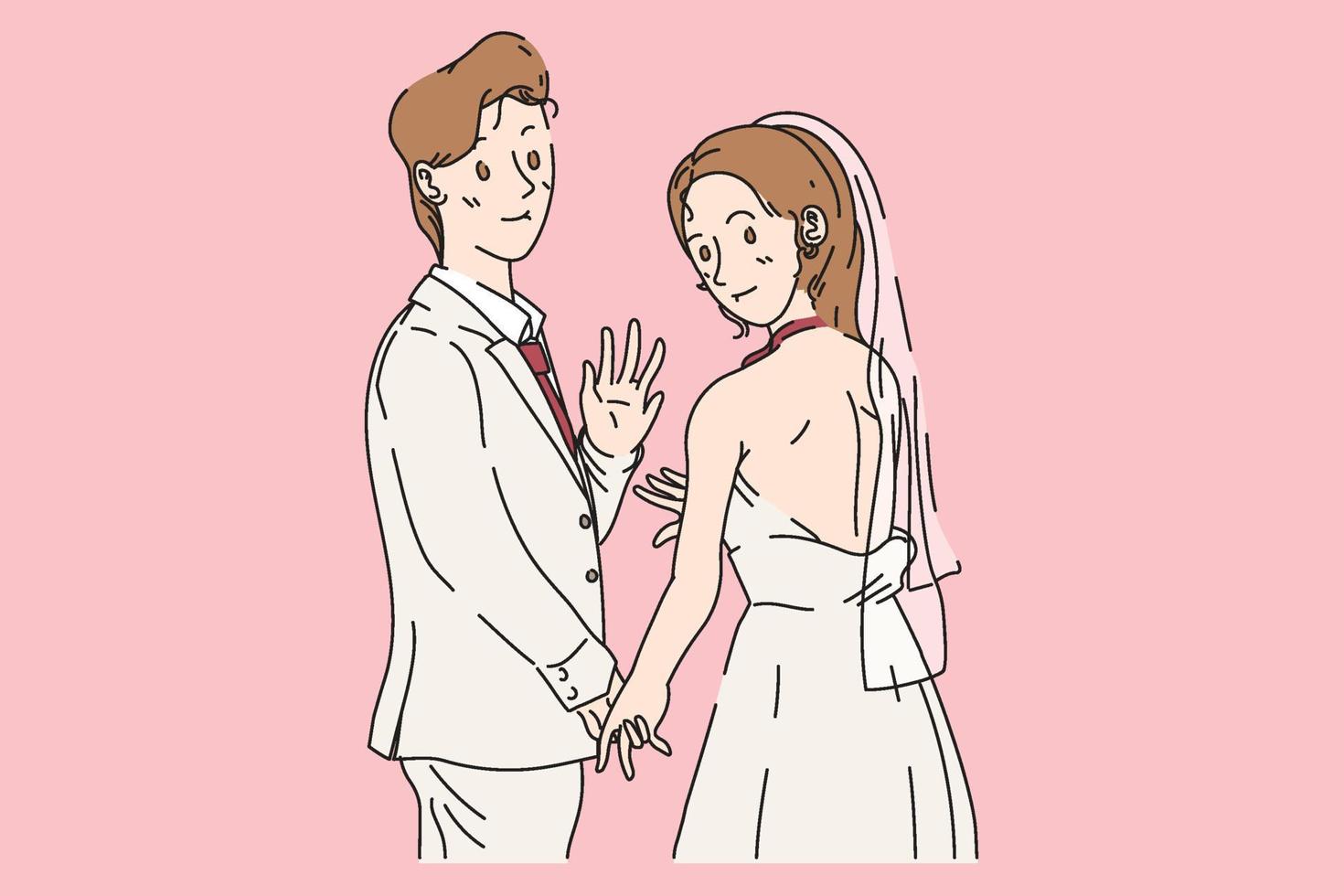 Wedding cartoon graphic, couple married hand drawn graphic vector illustration on soft tone color