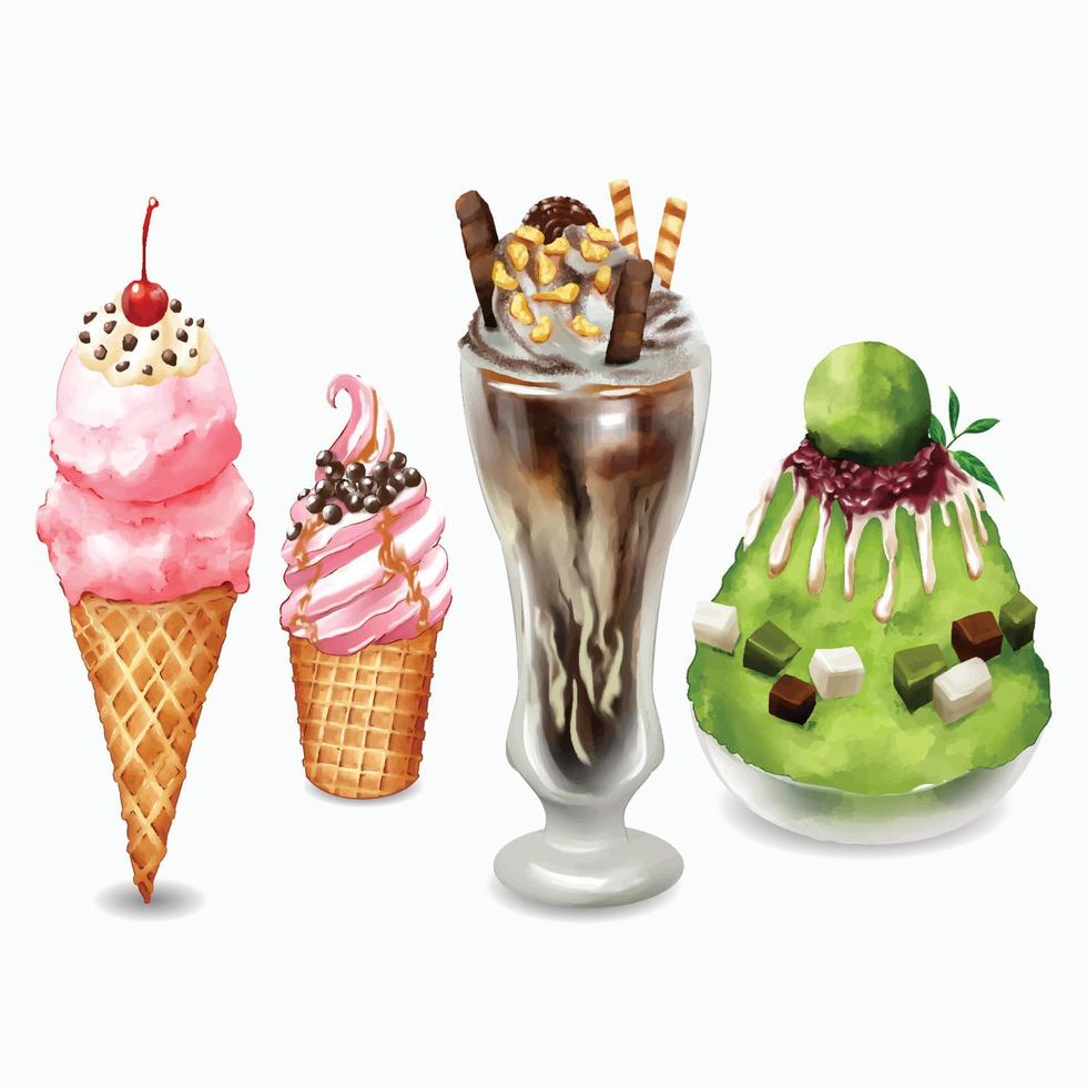 Ice dessert watercolor art style ice cream shaved ice sundae soft serve vector illustration on white