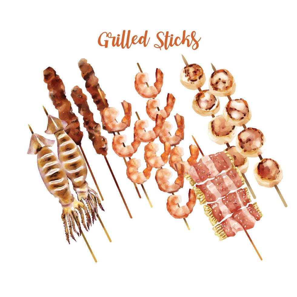 Set of grilled prawns squids porks bacon with golden mushroom and scallops skewer on wooden sticks vector