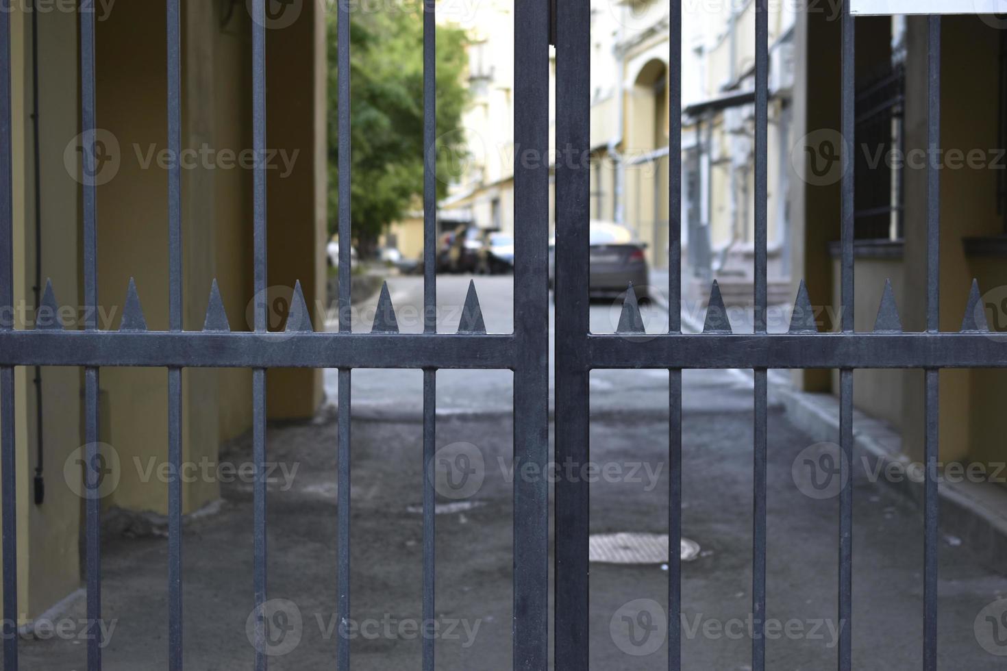 Abstract iron fence stakes gates for digital wallpaper design. Abstract concept. Design element. Modern design. Blue background. Retro style. Building architecture. photo