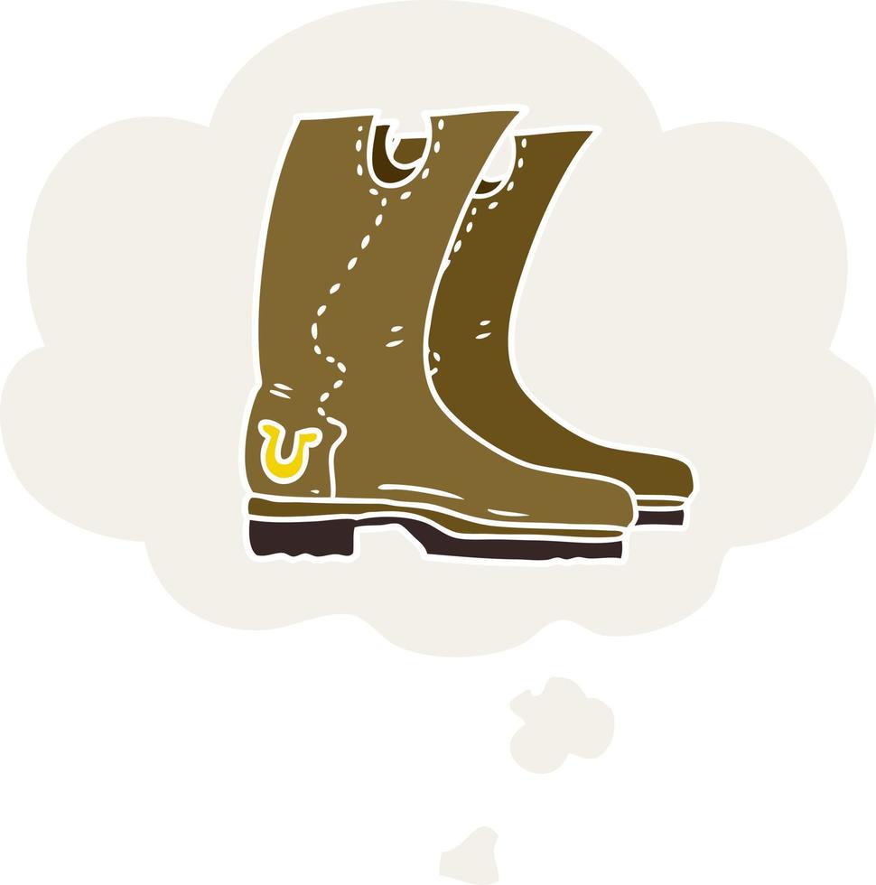 botas de vaquero de dibujos animados y burbuja de pensamiento en estilo retro vector