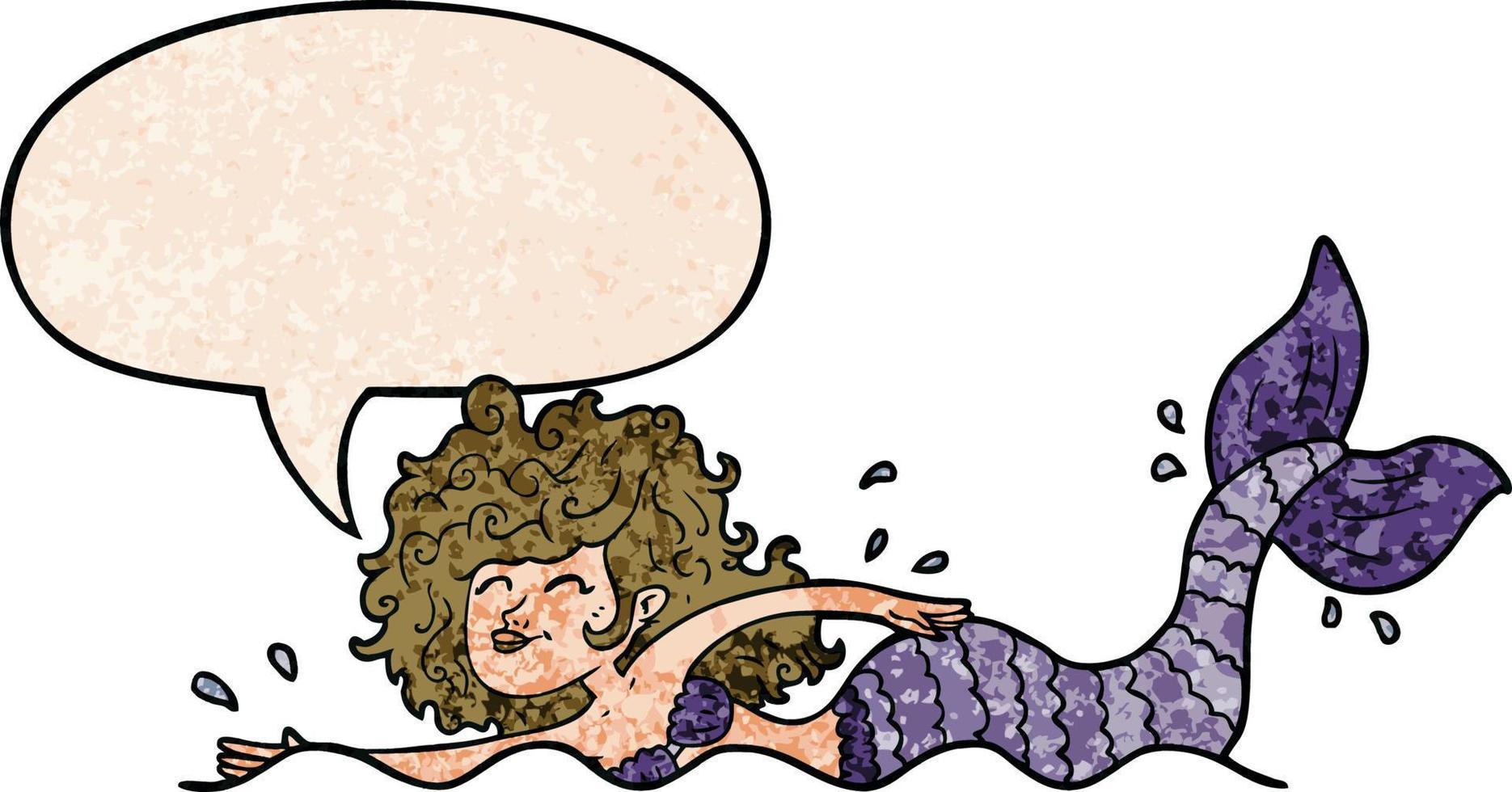 cartoon mermaid and speech bubble in retro texture style vector