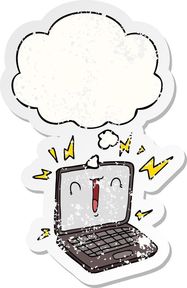 cartoon laptop computer and thought bubble as a distressed worn sticker vector