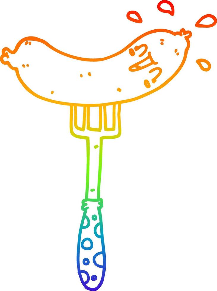 rainbow gradient line drawing cartoon happy sausage on fork vector