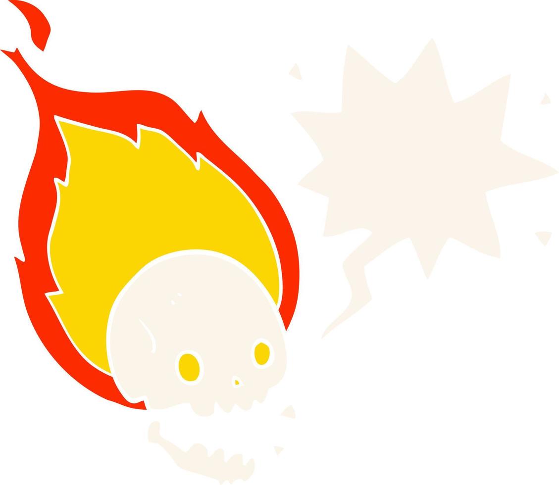 spooky cartoon flaming skull and speech bubble in retro style vector