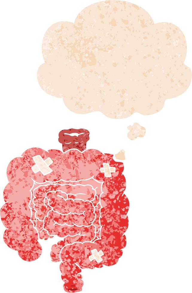 cartoon repaired intestines and thought bubble in retro textured style vector
