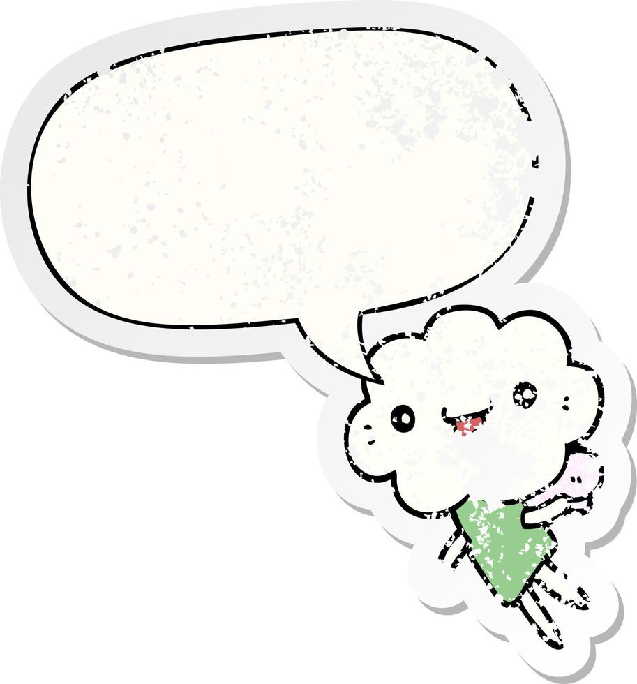 cartoon cloud head creature and speech bubble distressed sticker vector