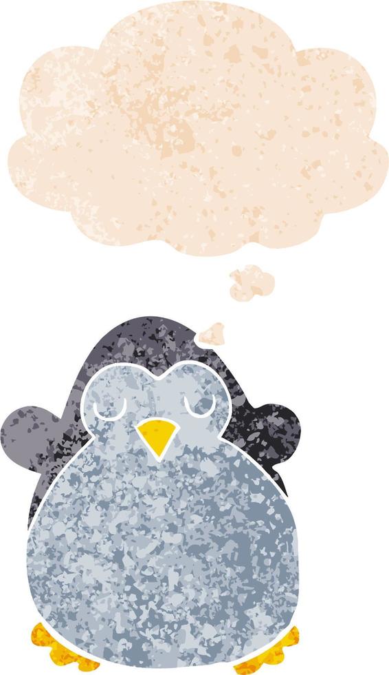 cartoon penguin and thought bubble in retro textured style vector