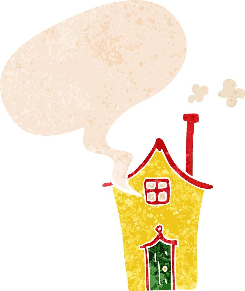 cartoon house and speech bubble in retro textured style vector