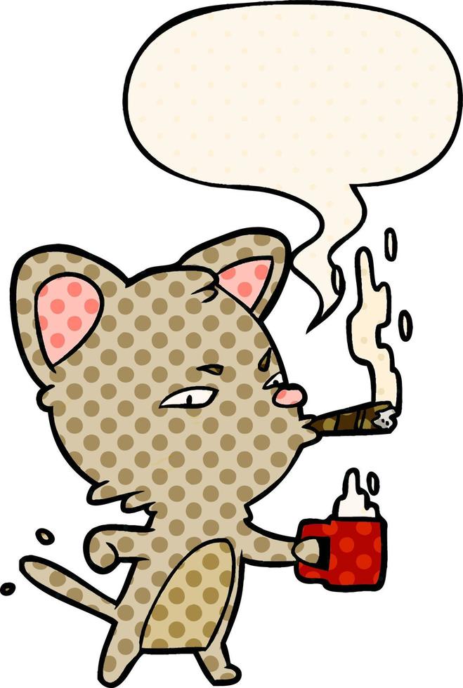 cartoon serious business cat and coffee and cigar and speech bubble in comic book style vector