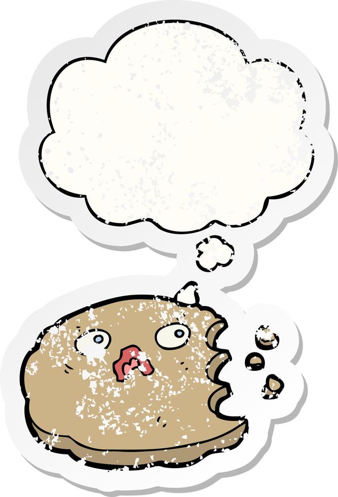 cartoon cookie and thought bubble as a distressed worn sticker vector