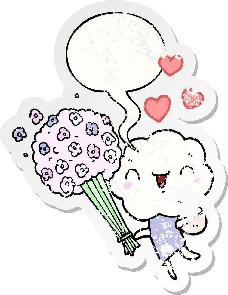 cute cartoon cloud head creature and speech bubble distressed sticker vector